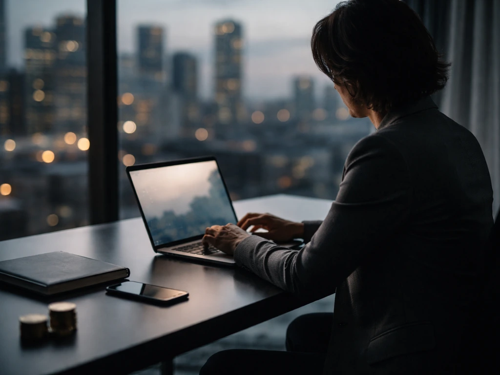 Anonymous fintech executive working at a desk with a laptop, city lights, and subtle wealth symbolism