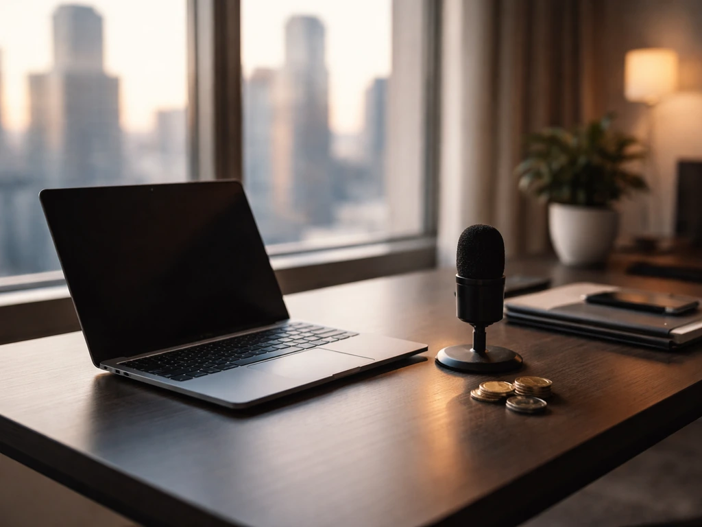 Close-up of a fintech executive desk setup with laptop, currency-themed lighting, and a city view