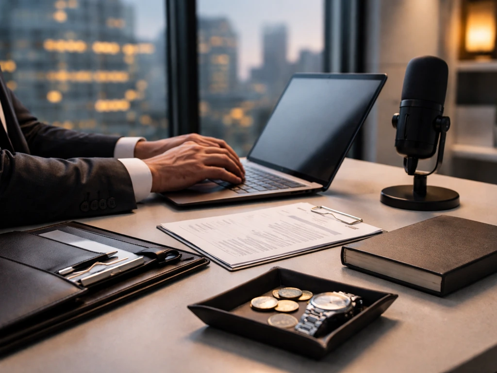 Anonymous hands working at a modern fintech office desk with laptop, documents, and a studio microphone.