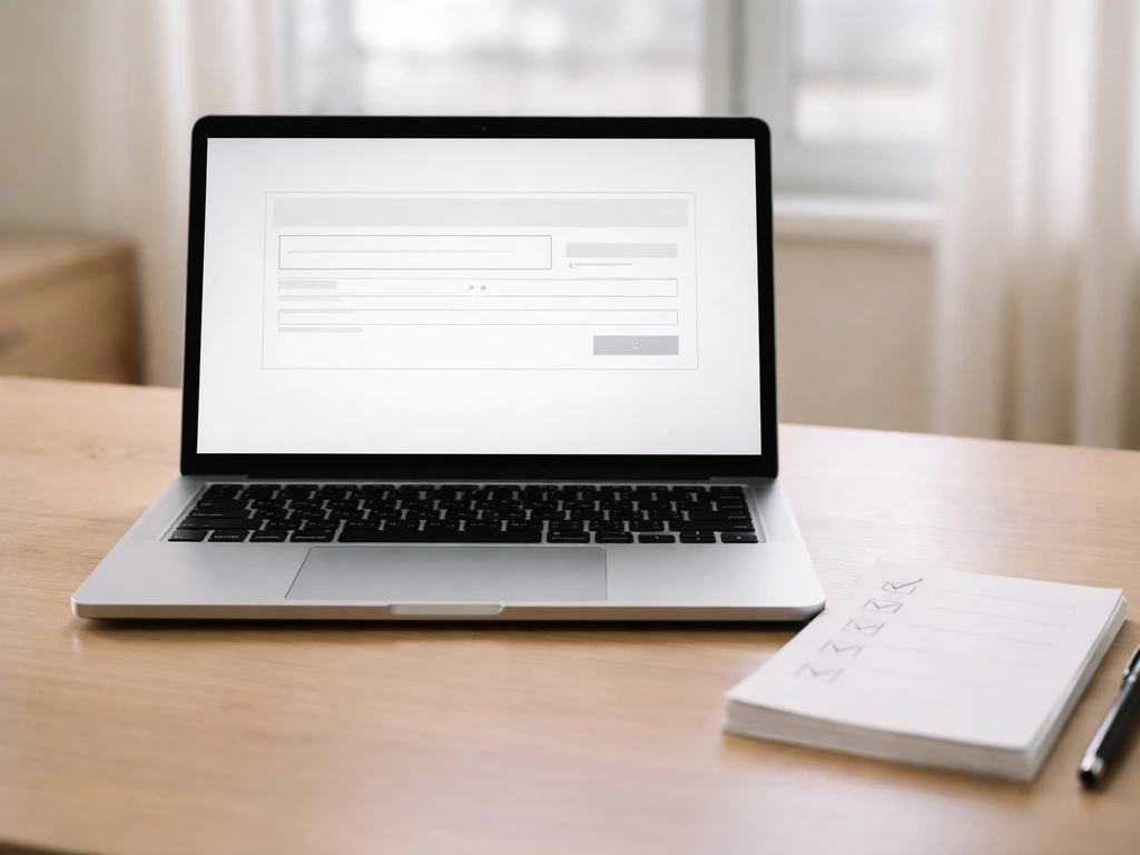 Minimal desk scene with a laptop showing an SEC-like search page concept and a checklist note