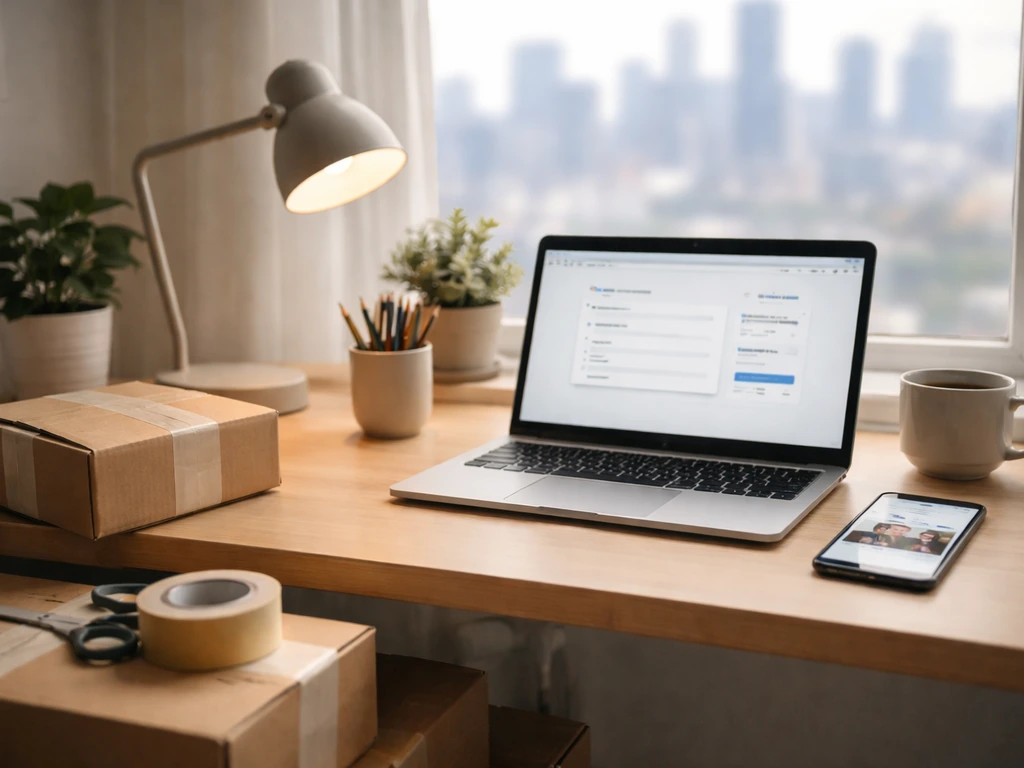 Minimal home office scene with laptop, phone, and shipping boxes hinting at eCommerce branding and entrepreneurship.