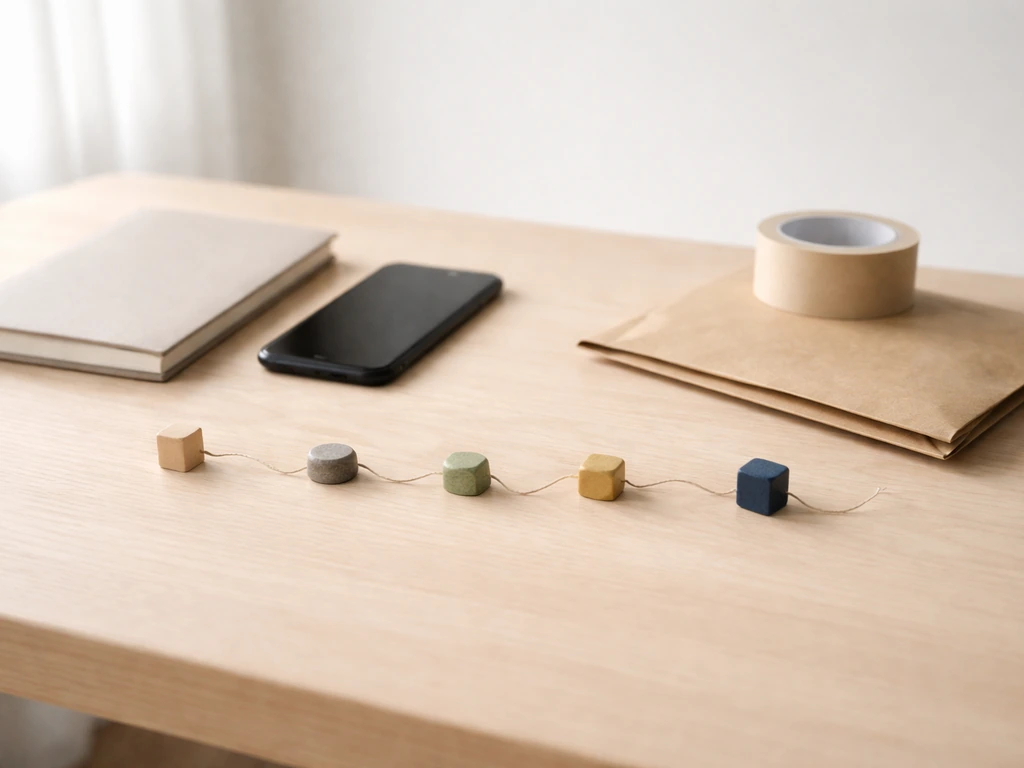 Minimal photo of a simple timeline made with small milestones on a desk, suggesting early eBay to later scaling years.