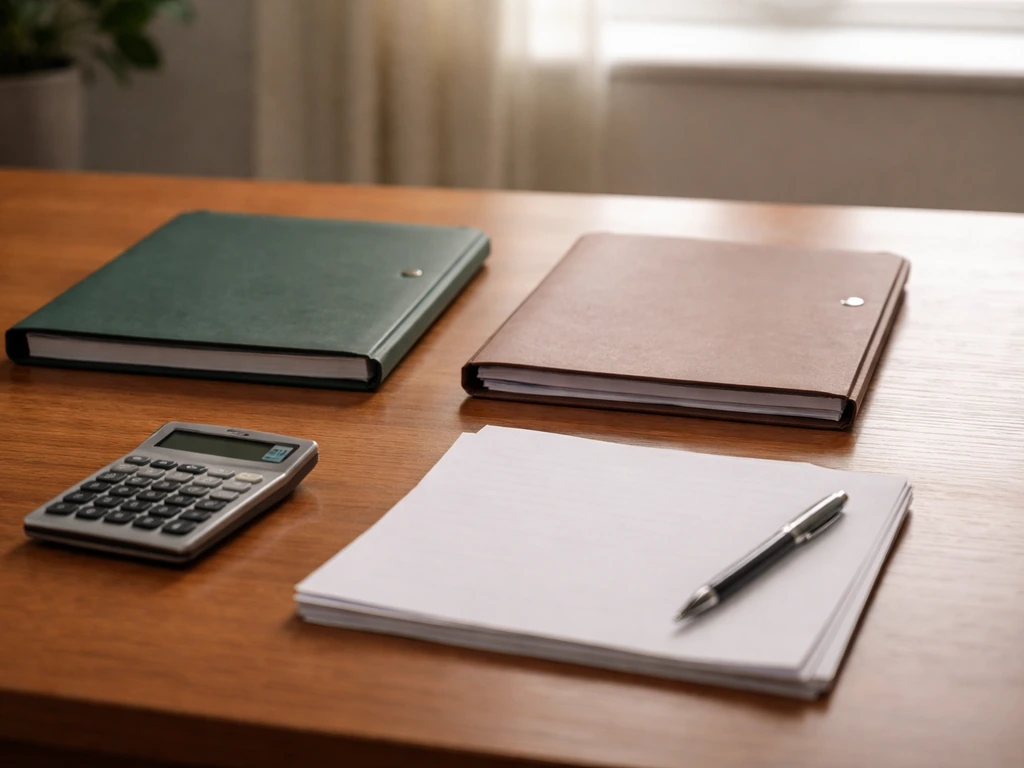 Minimal office desk with calculator and blank documents symbolizing assets minus liabilities.