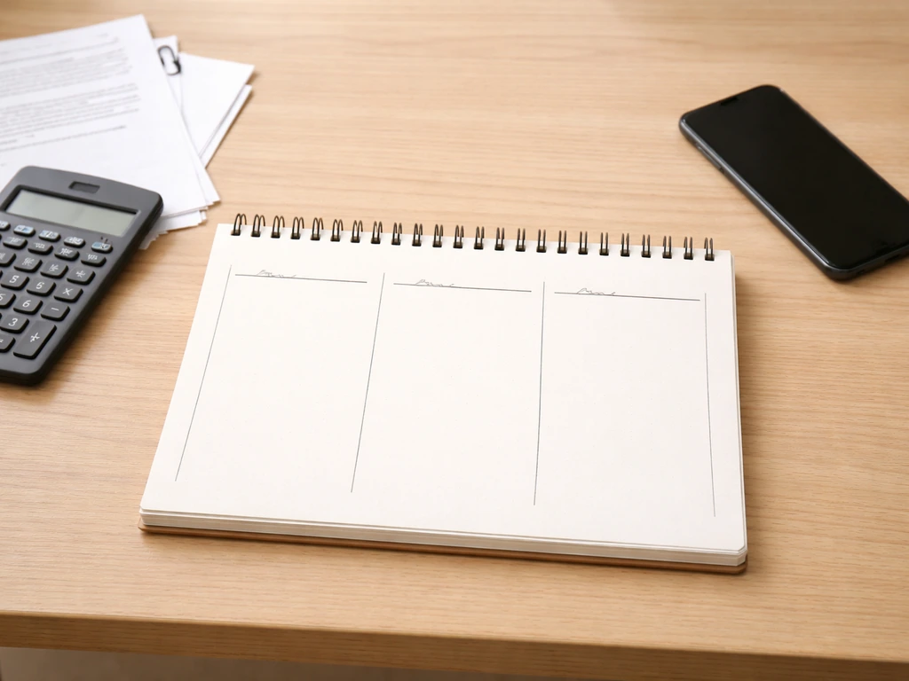 Minimal desk scene with notebook columns and calculator suggesting net worth triangulation without legible text