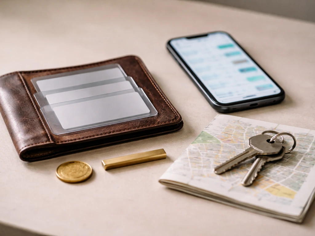 Layered tabletop scene with keys, city map, and finance objects suggesting property and investment categories.