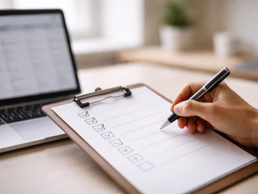 Close-up of a clipboard with a marked source-check checklist beside a laptop in a quiet office.