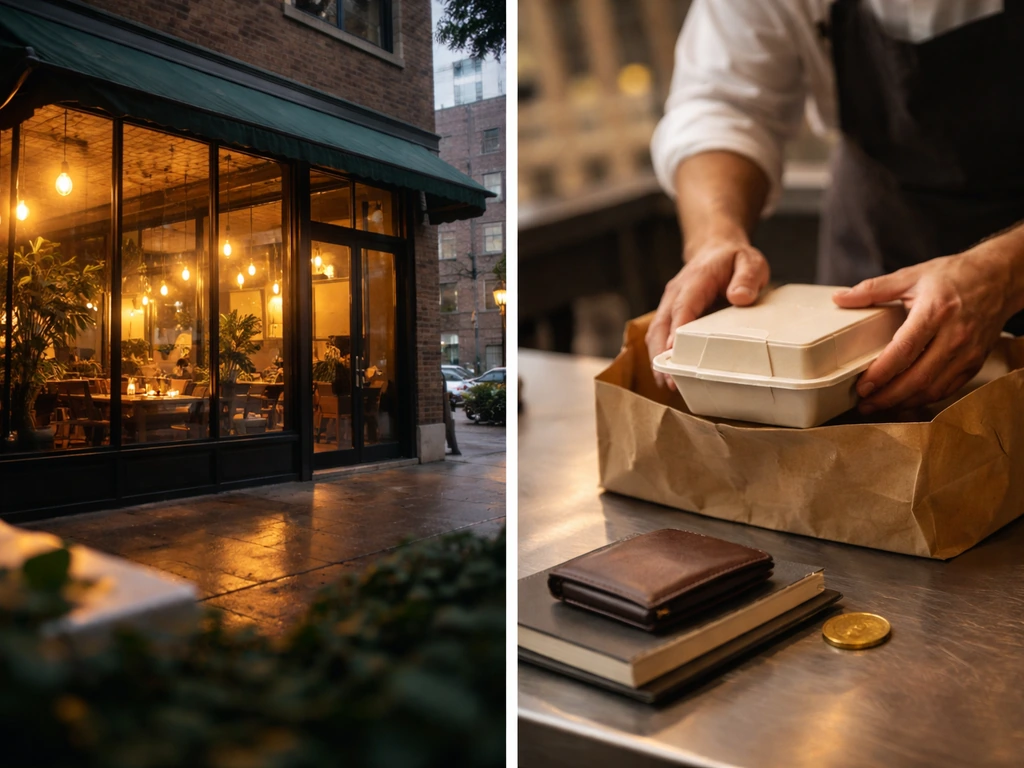 Warm Chicago brunch storefront at dusk with hands prepping takeout and small wealth-themed objects nearby.