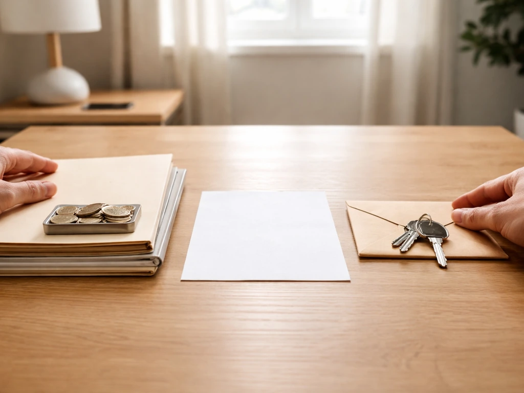 Unlabeled items on a desk symbolizing assets and liabilities with natural light.