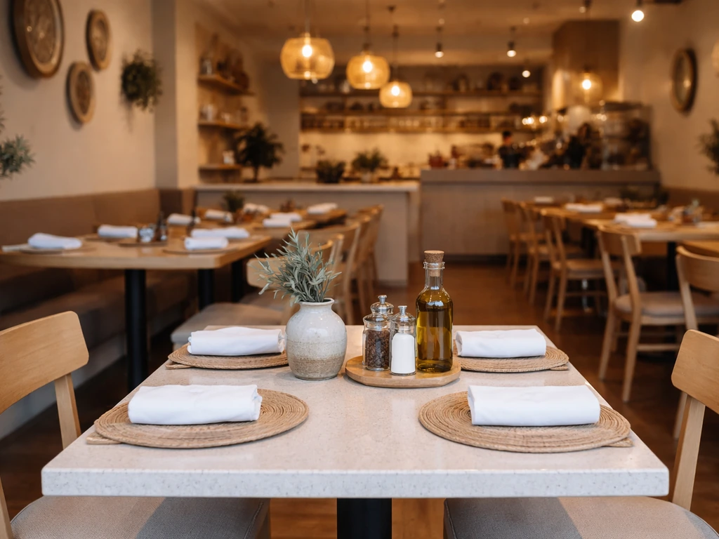 Warm view inside a modern Greek brunch restaurant with open dining area and tasteful décor