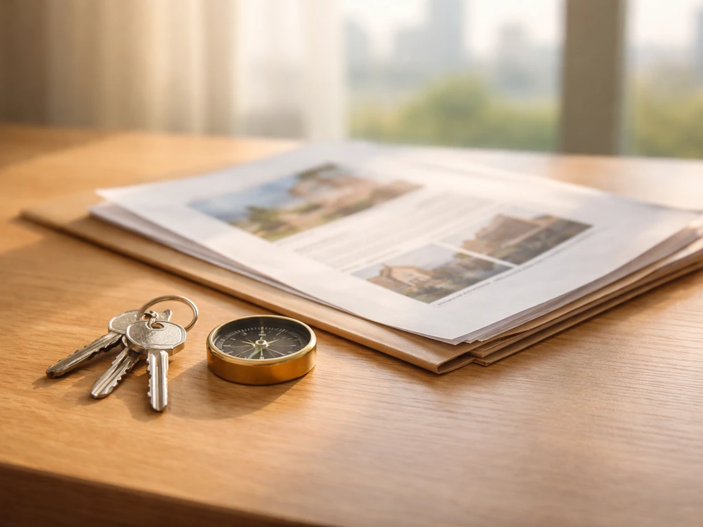 Close-up of real estate tools and documents: keys, compass, and property listing sheet on a desk