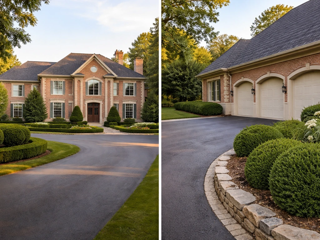 Stately western-suburb mansion exterior with a smaller driveway/garage landscaping detail, no people