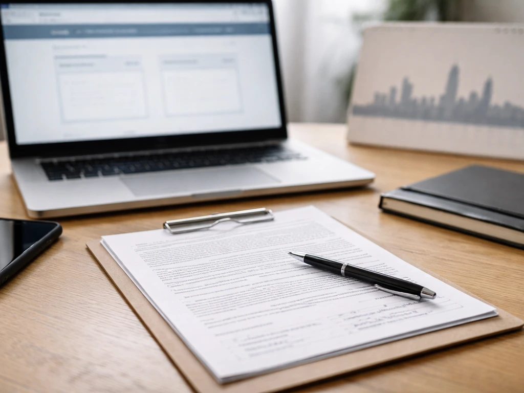 Close-up of paper deed and a laptop showing a Cook County and DuPage County records search page, no text.