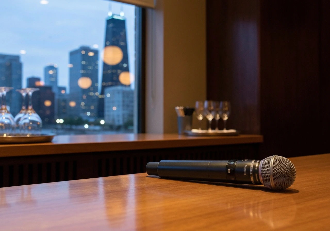 Chicago entertainment industry scene with a microphone and city lights symbolizing financial analysis