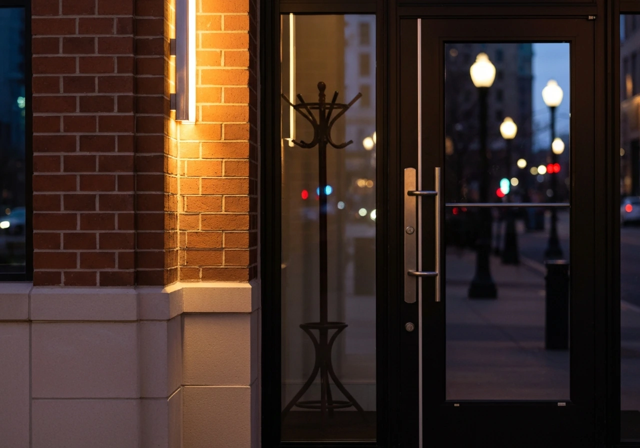 Quiet Chicago hospitality scene suggesting wealth—upscale restaurant doorway and warm lights at dusk.