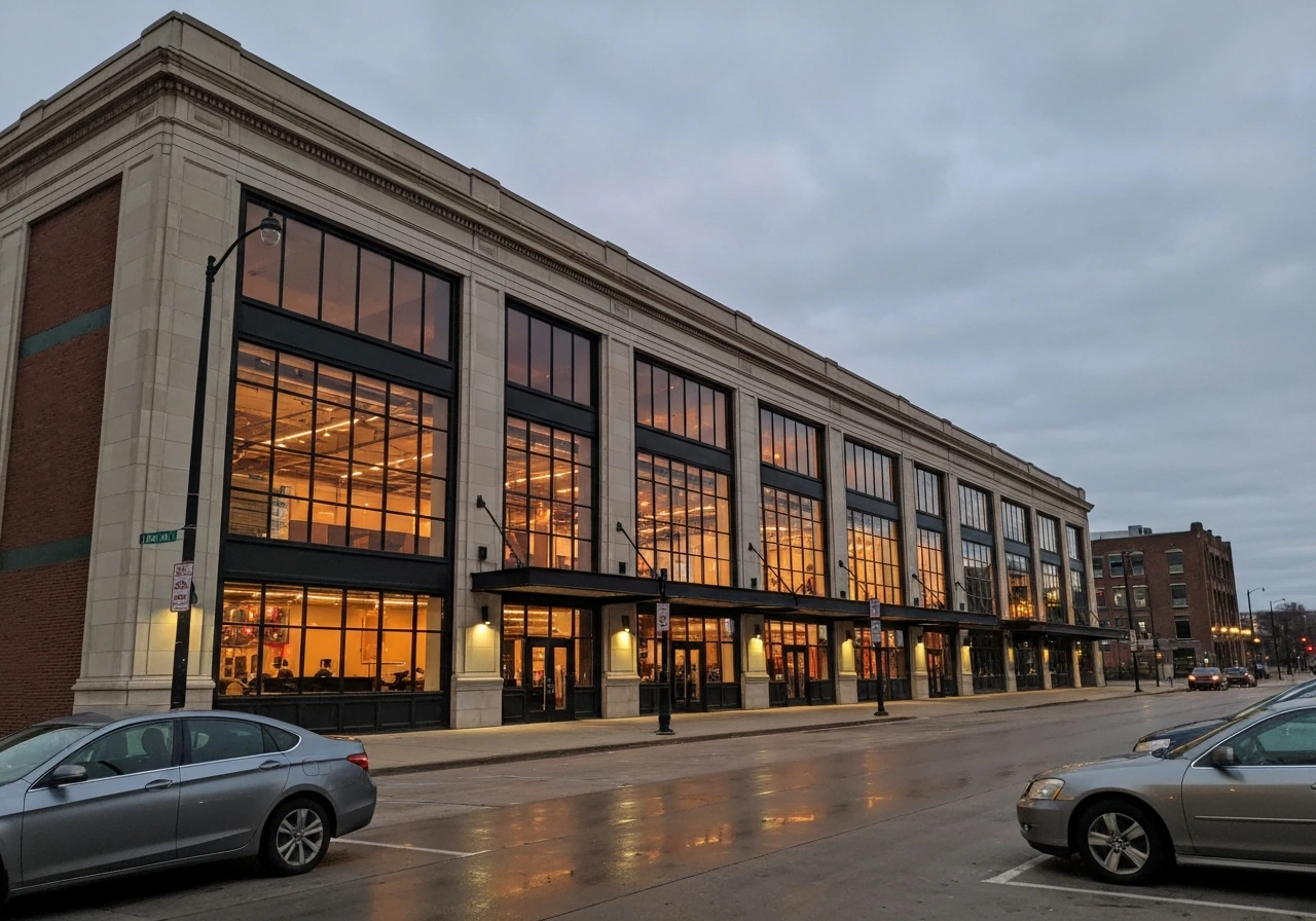 Exterior view of Radius in Chicago at dusk with city lights, suggesting business and venue wealth.