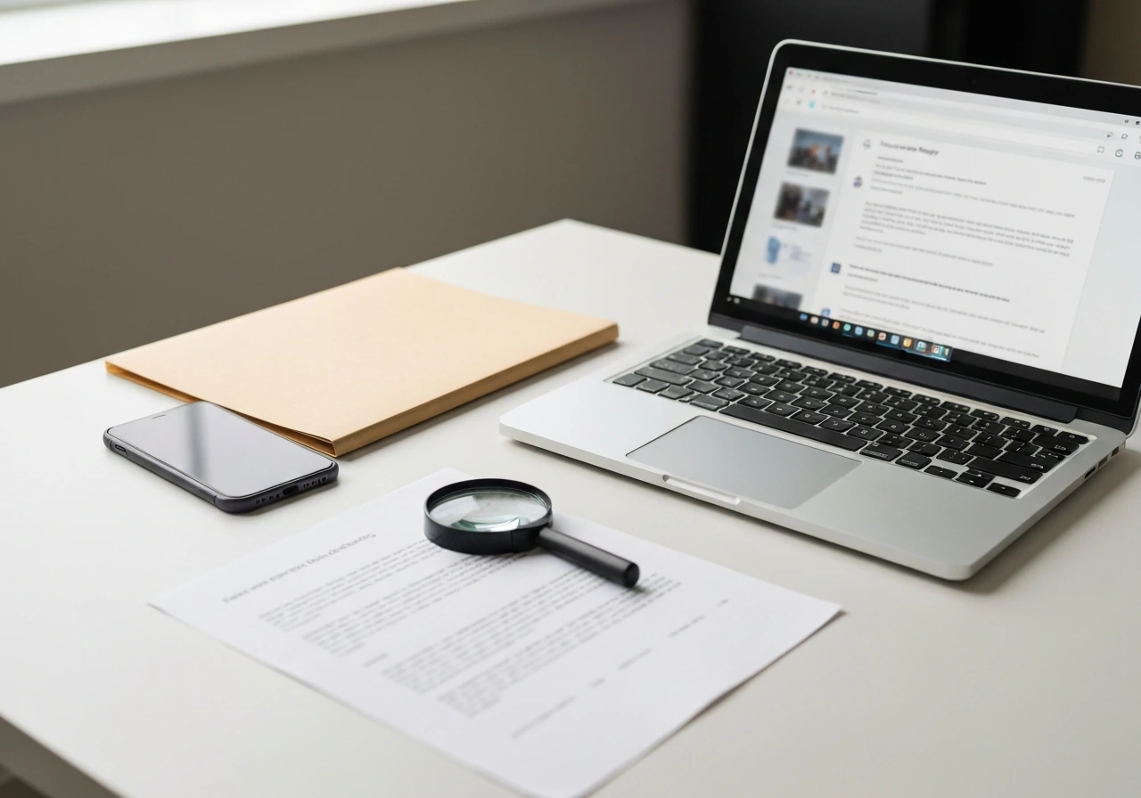 Minimal desk scene with a laptop, papers, and magnifying glass for triangulating credible references.