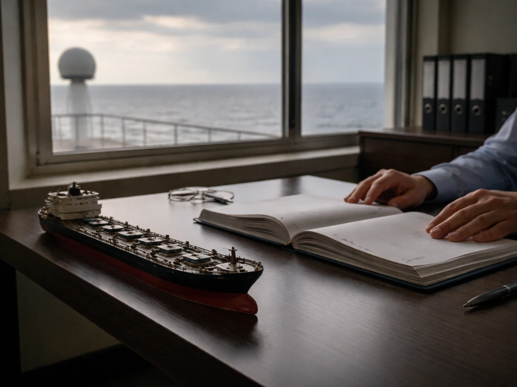 Hands in a shipping office adjusting a logbook with a ship model and sea view outside.