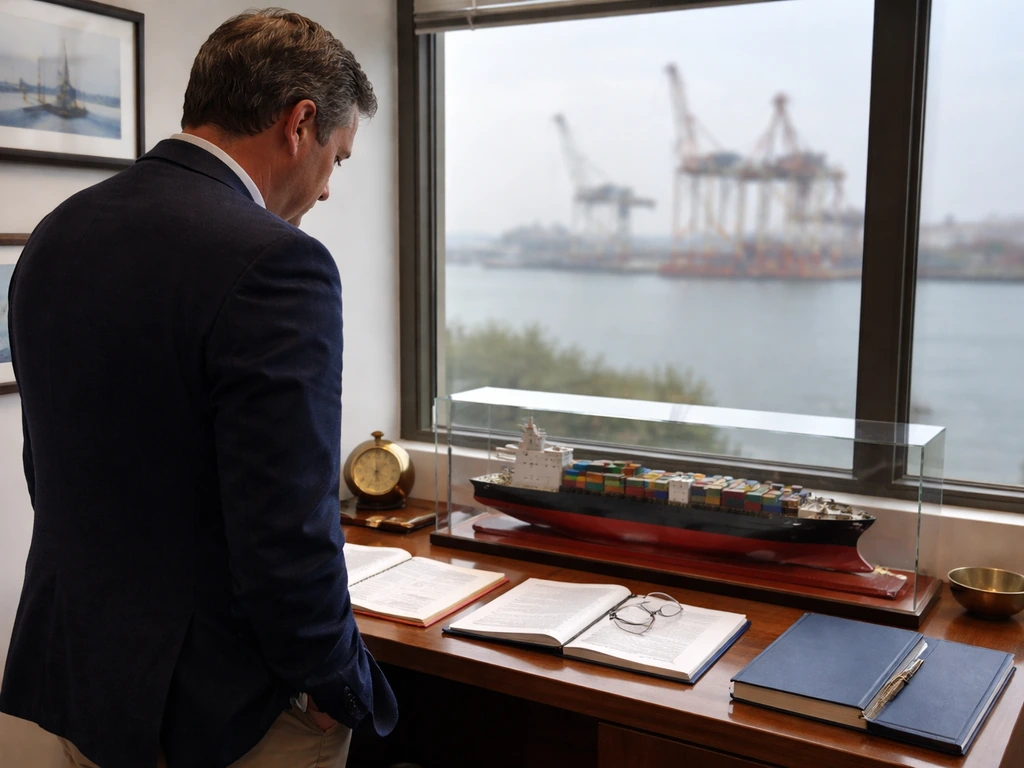 Anonymous maritime professional in a New York ship management office with a ship model and harbor view.