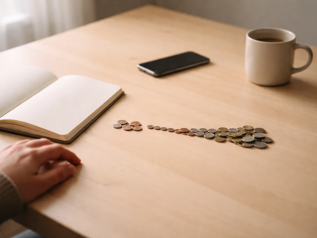 Minimal photo of a desk with a small range scale made from coins and a notebook, symbolizing a net worth range.