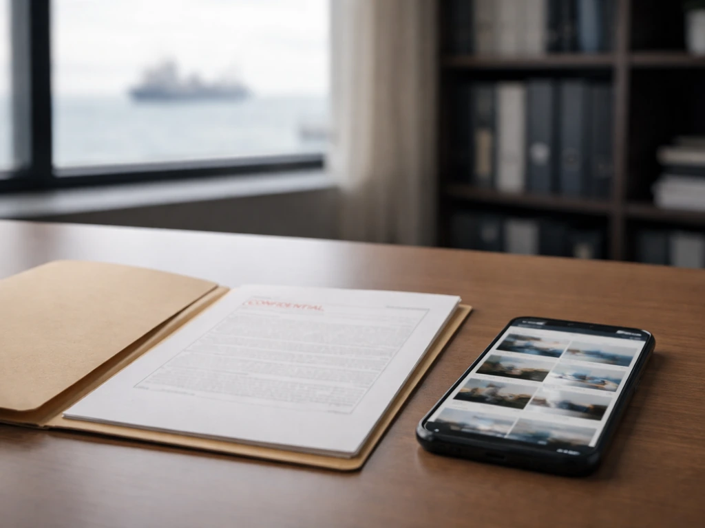 Manila folder and smartphone beside a blurred maritime office view, symbolizing private opacity vs public signals.