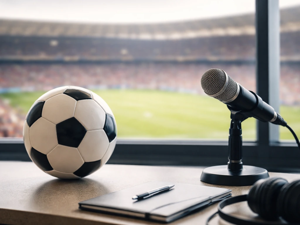 Anonymous football media setup with a soccer ball and microphone, blurred stadium in the background.