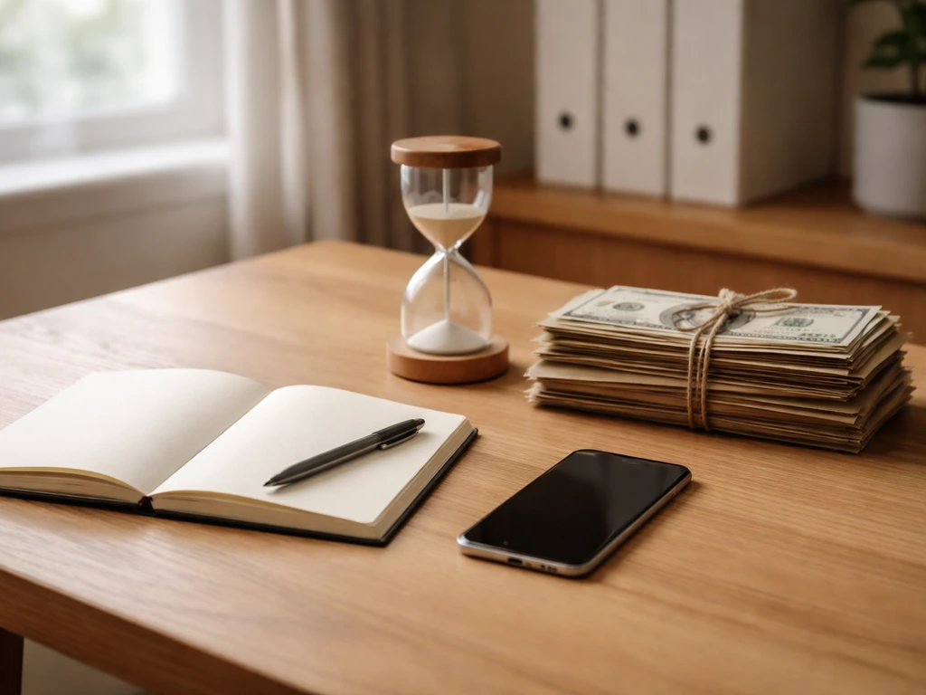Minimal home office desk with a pen, blank notebook, hourglass, and money envelopes symbolizing career earnings.