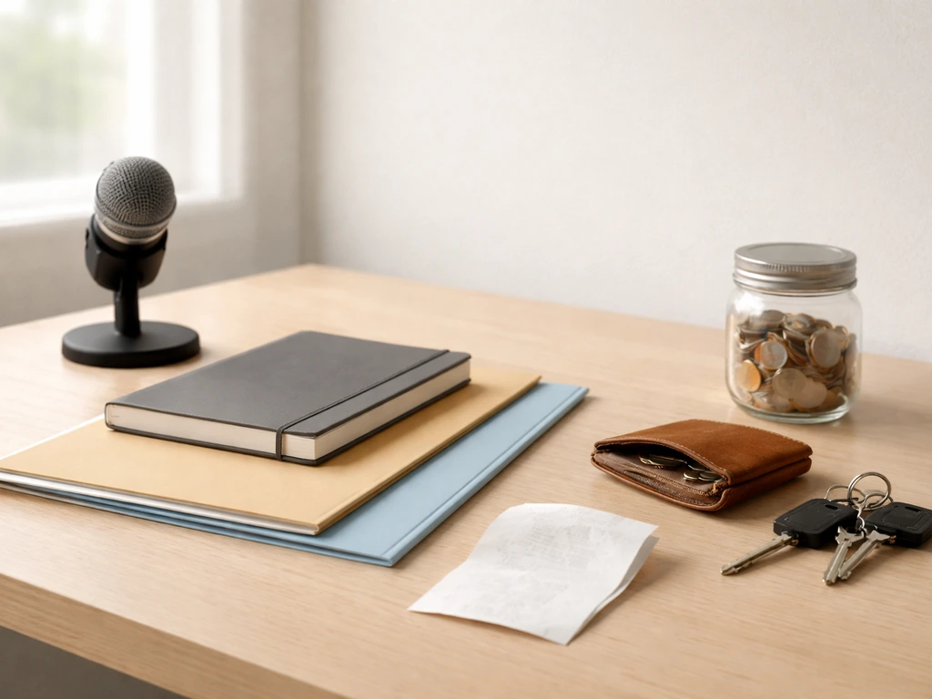 Minimal desk scene with a notebook and folders suggesting business income categories, no text.