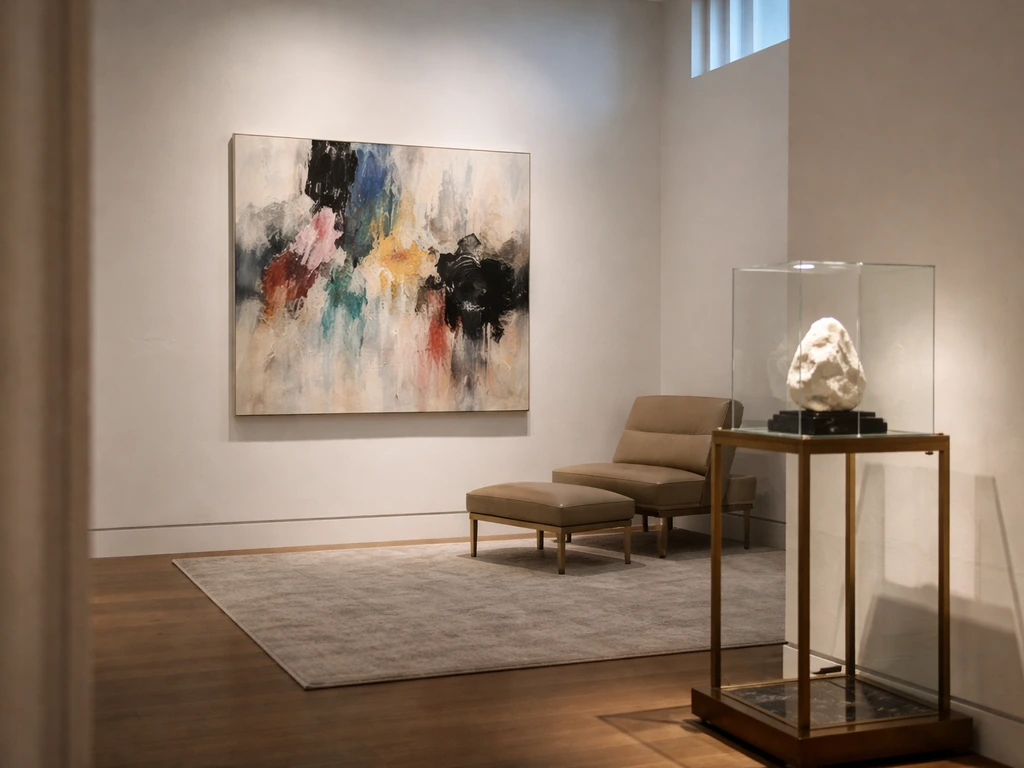 Minimal private art gallery scene with modern abstract painting and spotlight lighting, no people visible.