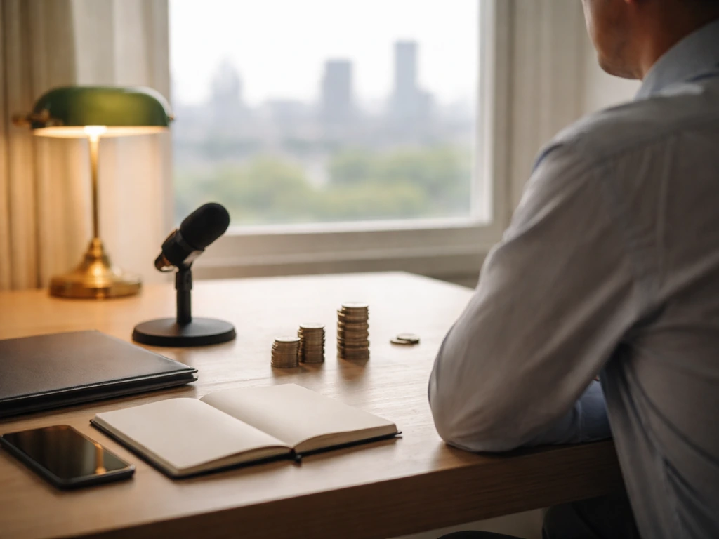 Minimal desk scene with coins and notebook, suggesting financial estimates and confidence tiers.