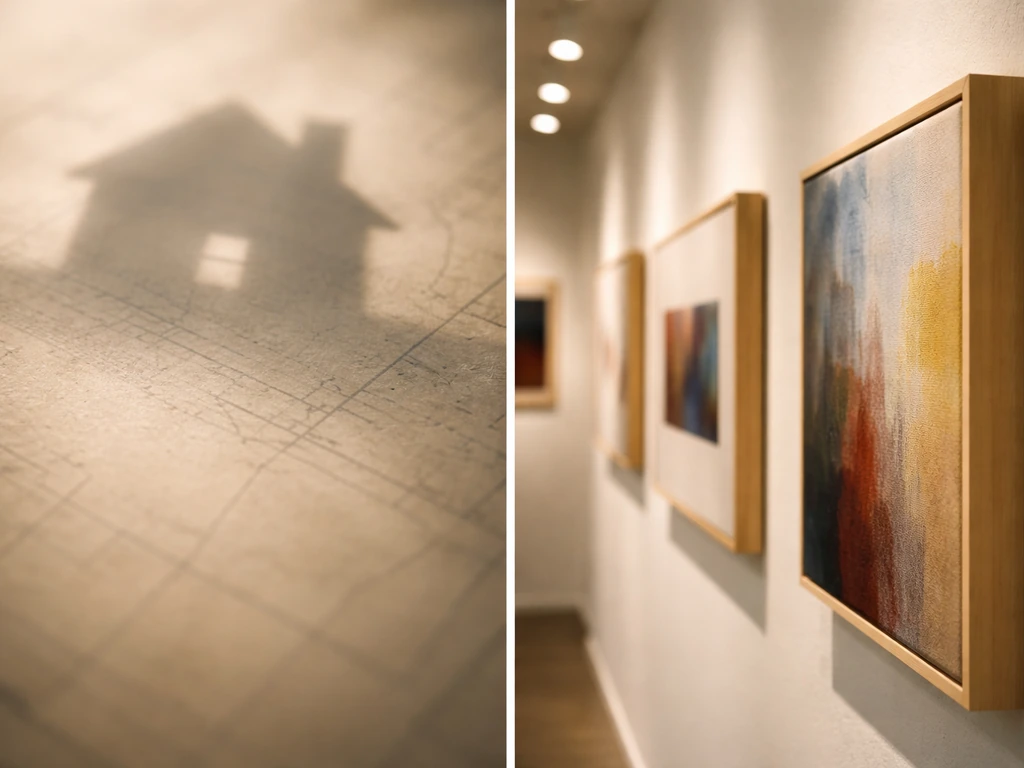 Minimal collage of a house silhouette with a gallery installation close-up symbolizing real estate and art assets.