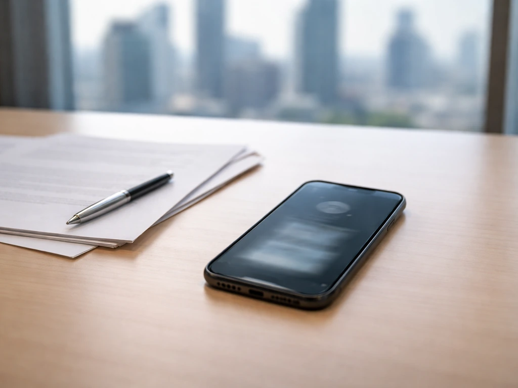 Anonymous office desk with smartphone showing blurred search results and financial documents, symbolic identity check