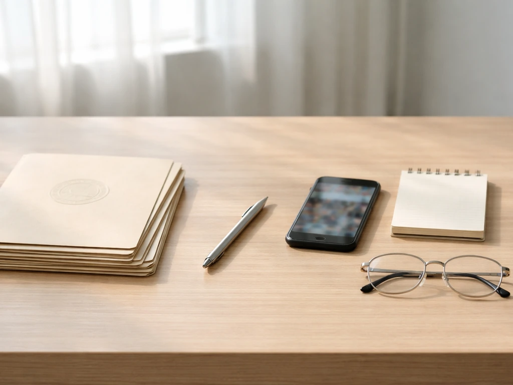Minimal photo of a banker’s desk with documents and a smartphone showing blurred news-style images, no text.