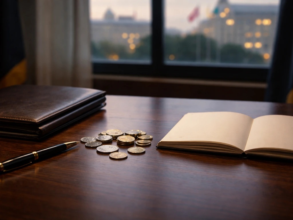 Minimal photo of a sleek desk setup with coins and a notebook, symbolizing political finance and career wealth