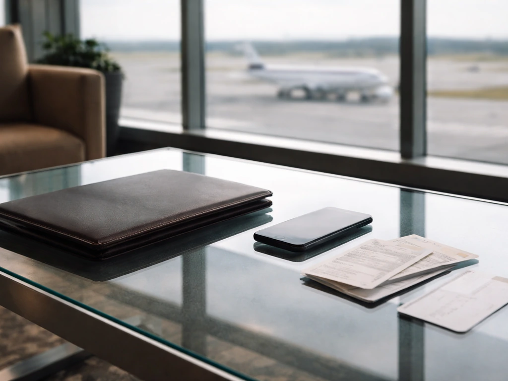 Minimal airport lounge desk with portfolio and smartphone, suggesting aviation finance and income research.