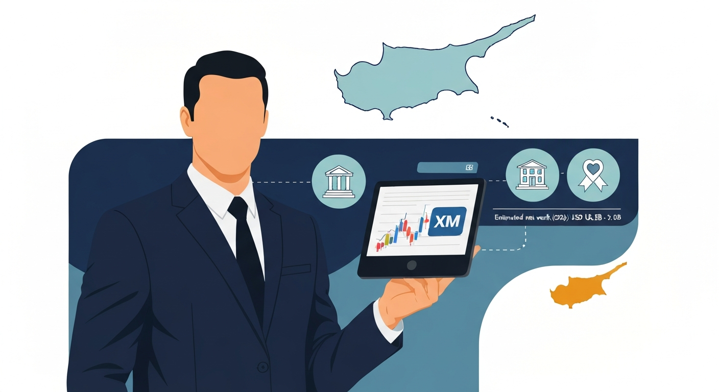 Stylized illustration of a fintech founder holding a tablet with trading charts, with a Cyprus map and icons for bank, hotel, and charity; caption: Estimated net worth (2026): USD 0.5B–3.0B.
