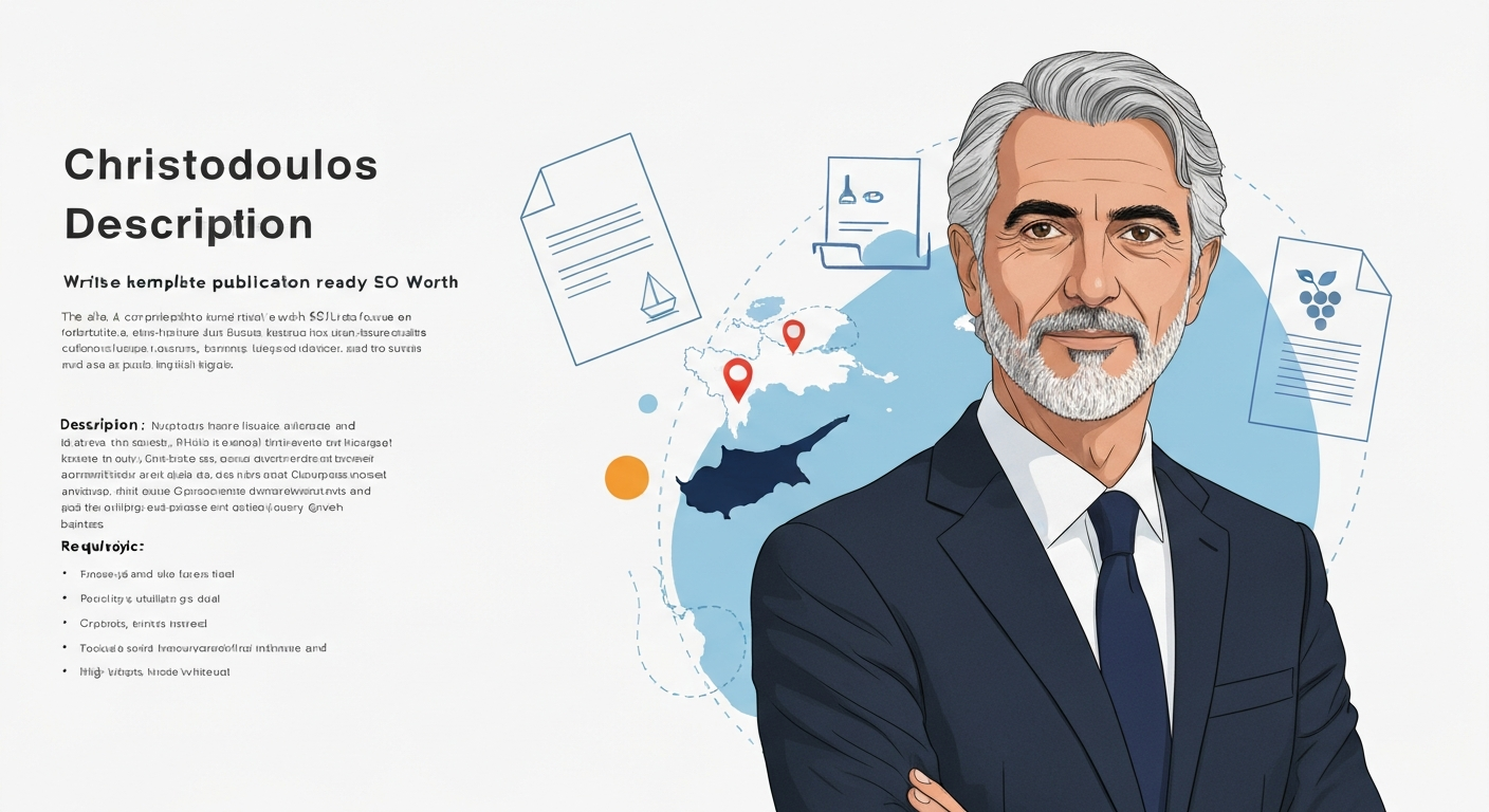 Stylized editorial illustration of a Cypriot lawyer with map overlays indicating Cyprus and London and subtle winery and corporate document motifs.