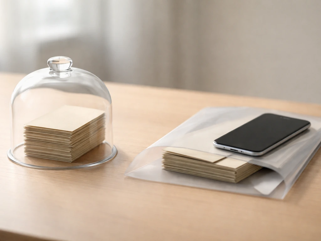 Minimal desk photo with two money piles under a glass dome vs partially covered by a folder and blank phone screen.