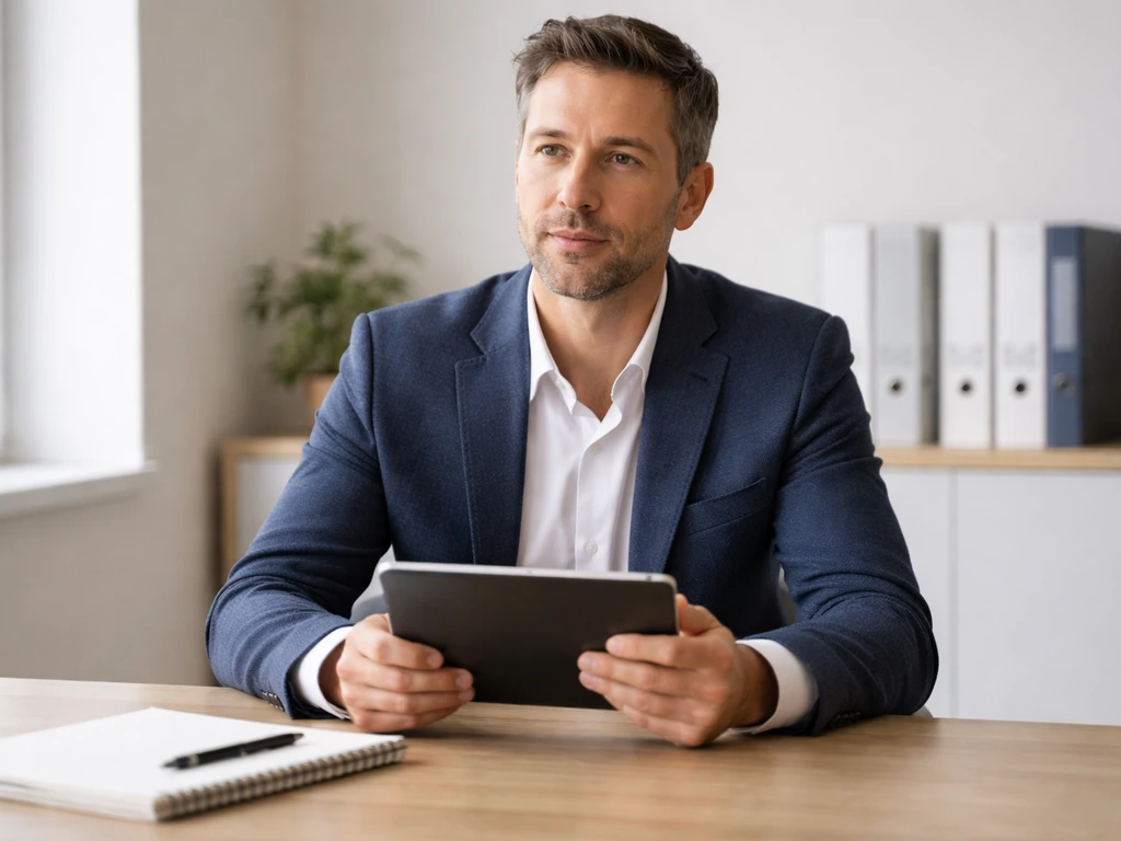Anonymous pharmaceutical consulting executive in a quiet office holding a tablet, natural light and minimal desk items.
