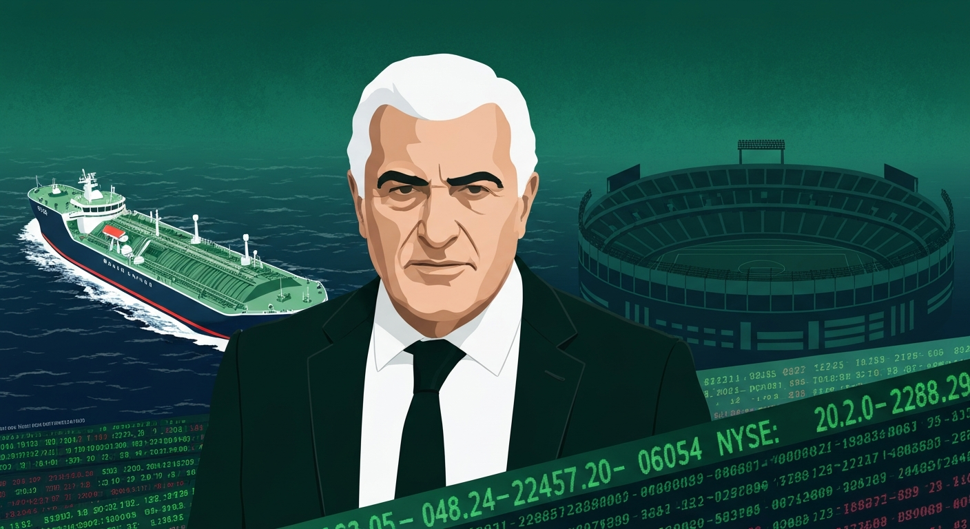 Stylized editorial illustration of a shipping magnate with a tanker, stock ticker and football stadium silhouettes in Panathinaikos green.