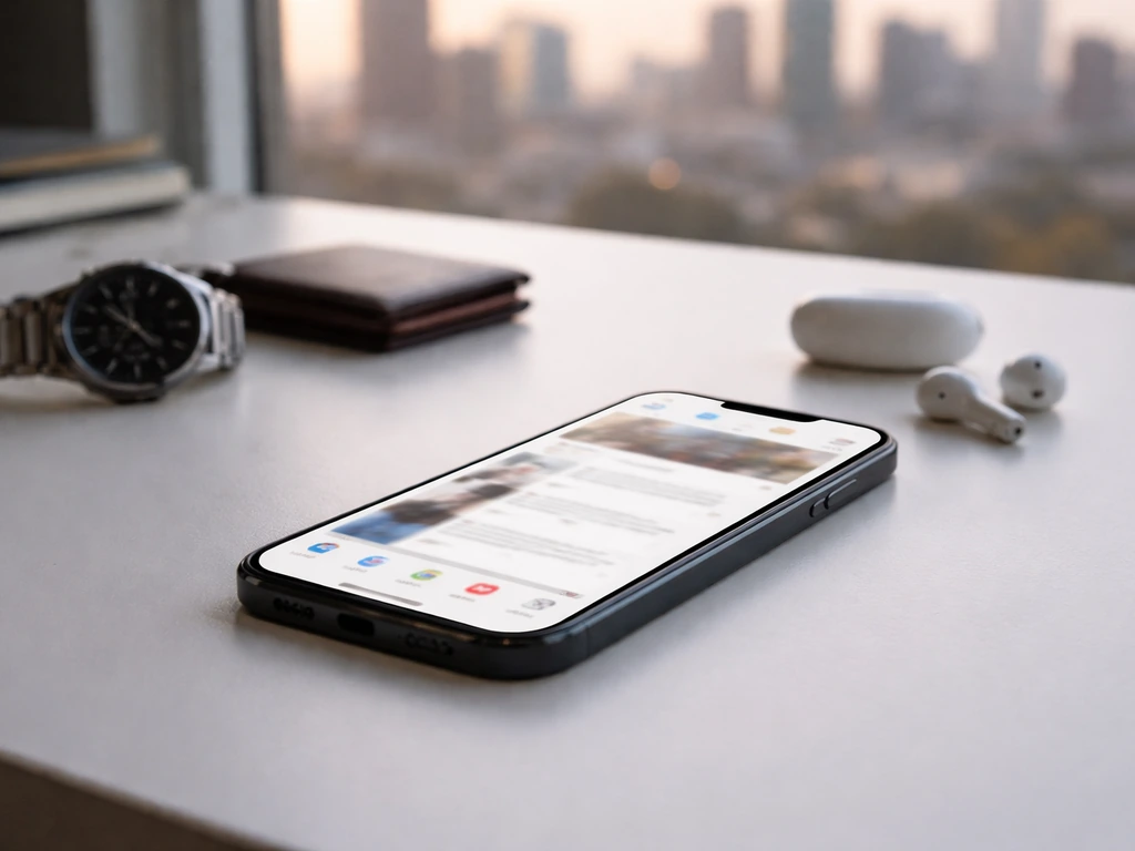 Close-up of a smartphone on a tidy desk showing social-media scrolling vibe, with subtle luxury cues