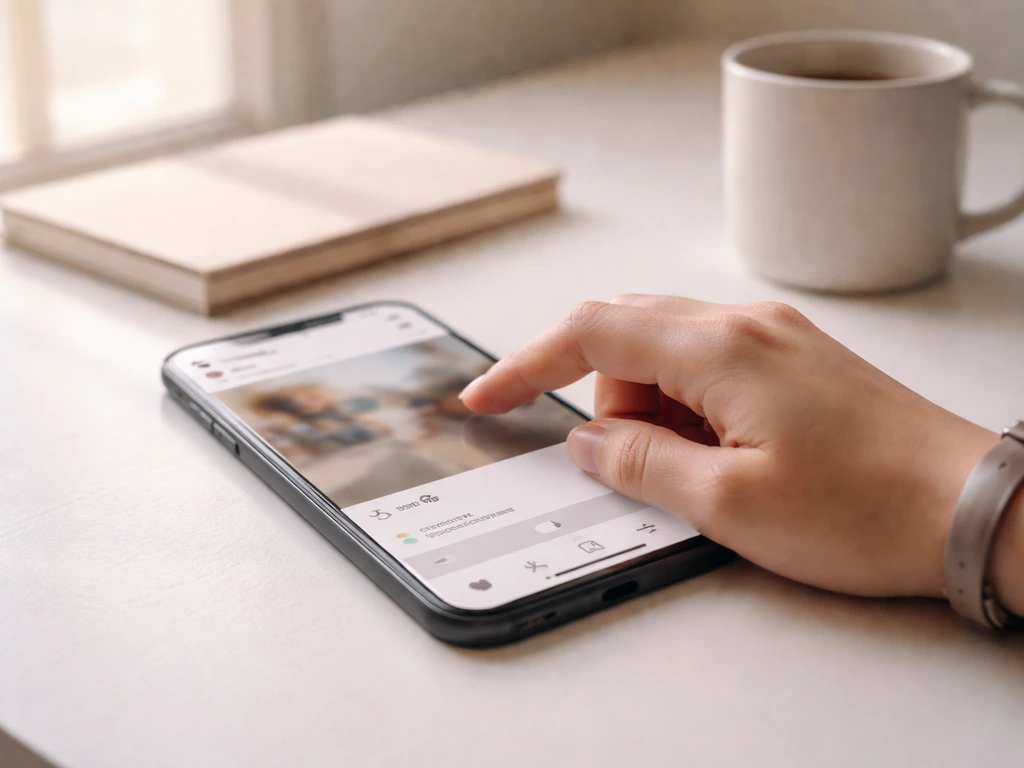 Hand holding a smartphone showing a generic sponsored post layout with engagement indicators on a desk.