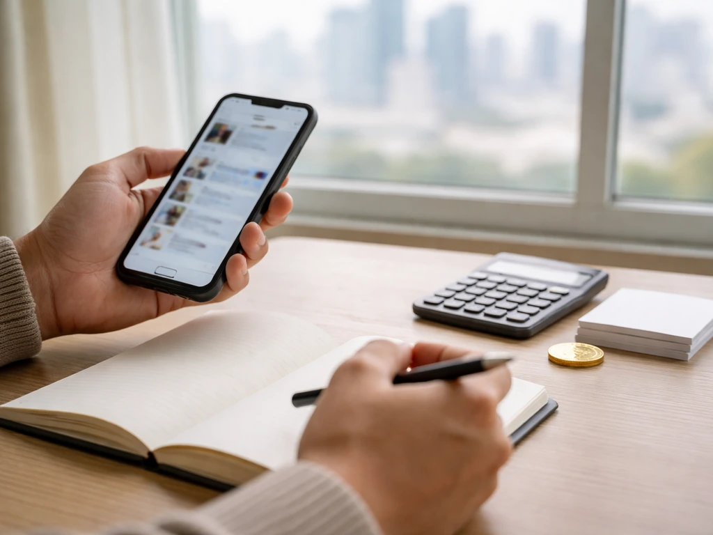 Person at a tidy desk with smartphone and notebook analyzing money and online signals for a net-worth range