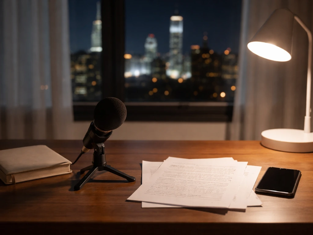 Anonymous academic desk with podcast mic and papers, suggesting financial-estimate and media analysis context.