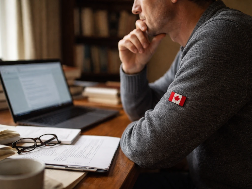 Anonymous academic in a Canadian-themed study with books and an open laptop, minimal and realistic