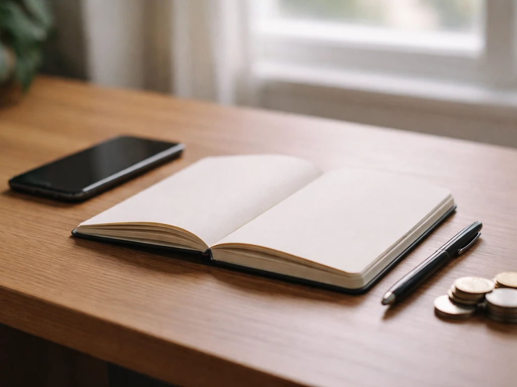 Minimal photo of a desk with smartphone, notebook, and pen beside scattered coins, suggesting income streams for net-wor