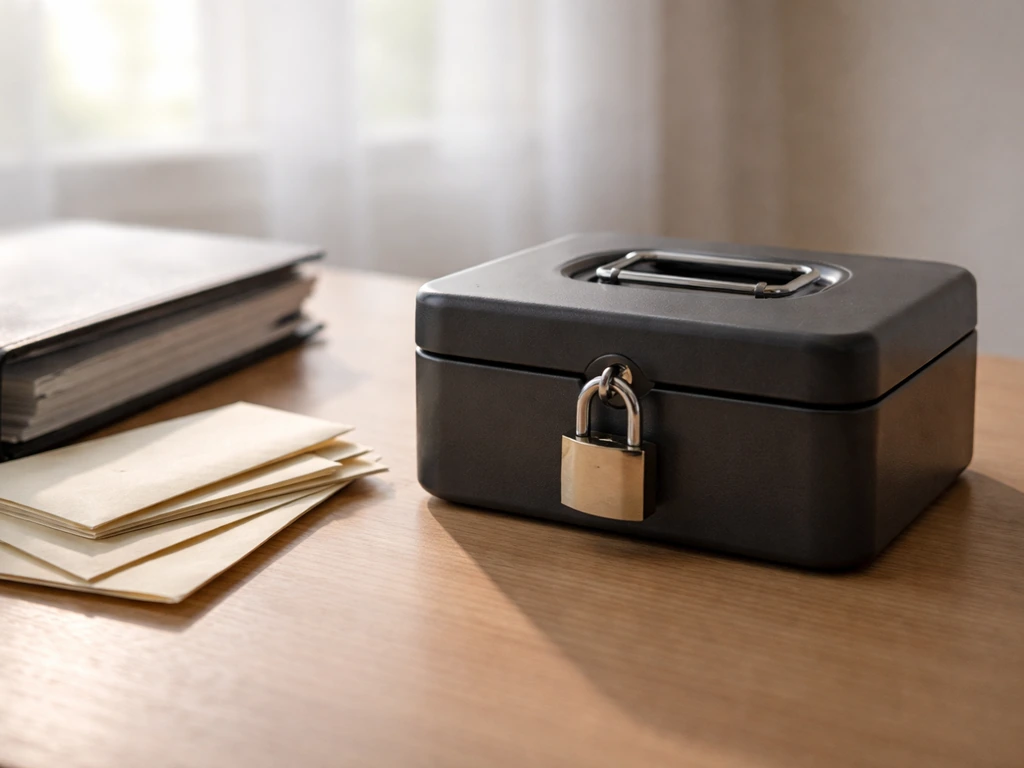 Dim office desk with a locked cashbox and sealed documents symbolizing excluded wealth categories