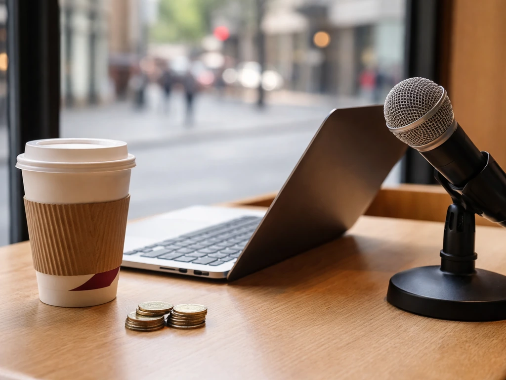 Minimal cafe desk with coins, laptop, coffee cup, and microphone symbolizing net-worth analysis.