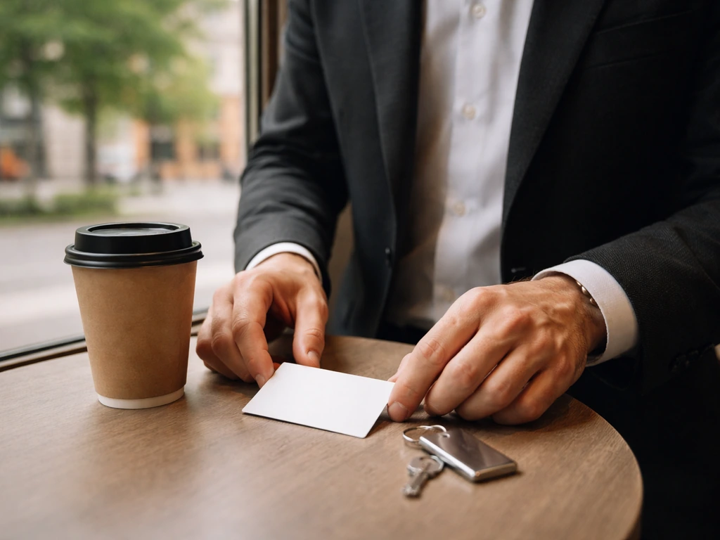 Close-up of a man’s hands placing a business card beside a coffee shop window, hinting at identifying one executive