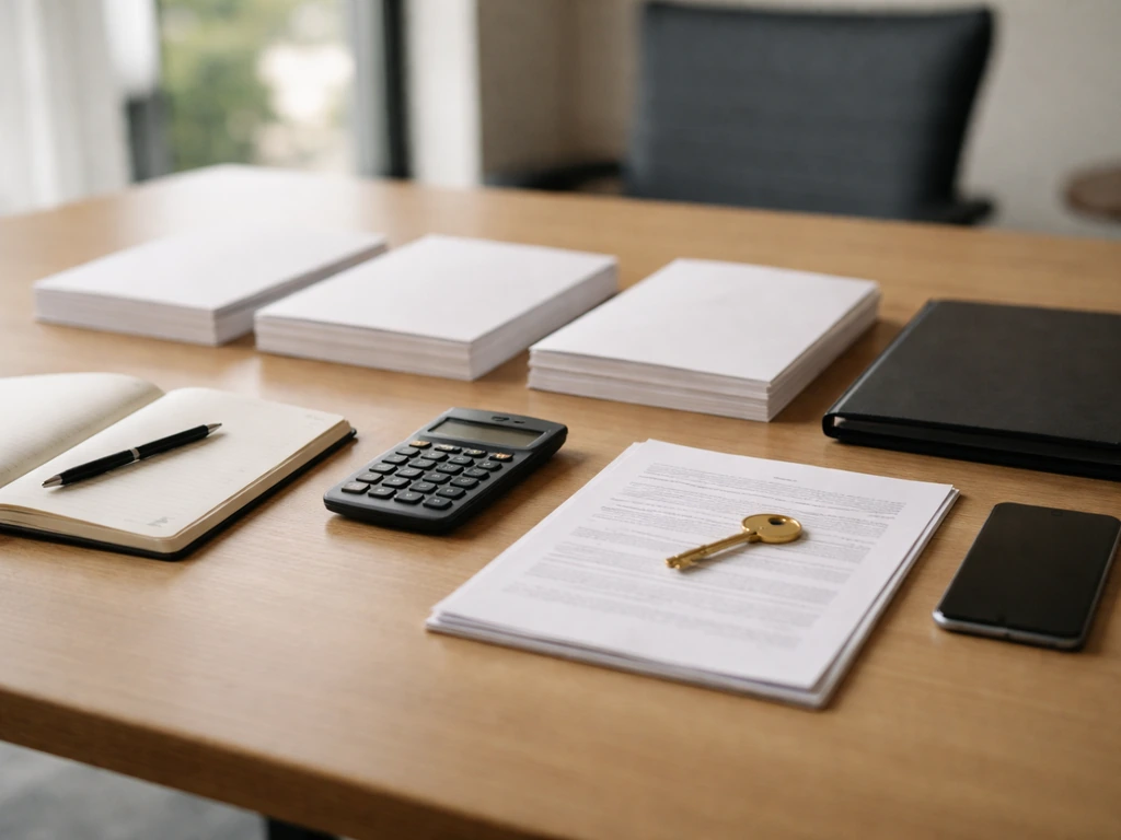 Minimal office desk scene with calculator, documents, and a small key symbolizing ownership and compensation components.