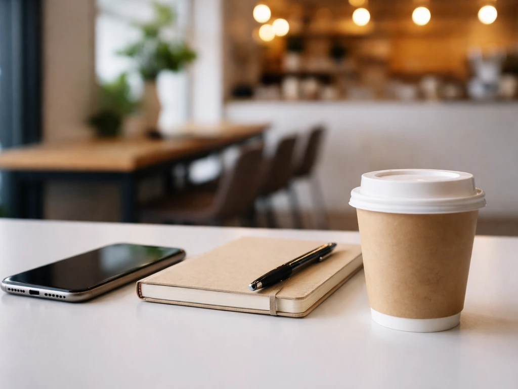 Minimal photo of a business desk with a smartphone, coffee, and a neatly arranged notepad suggesting career milestones